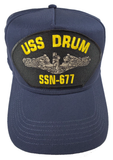 USS DRUM SSN-677 Ship Hat - Silver Dolphins - Navy Blue - Veteran Owned Business