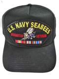 U.S. Navy Seabees Afghanistan Veteran HAT with BEE and Service Ribbons - Black - Veteran Family-Owned Business
