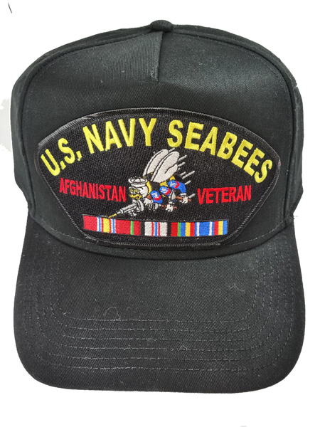 U.S. Navy Seabees Afghanistan Veteran HAT with BEE and Service Ribbons - Black - Veteran Family-Owned Business