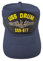 USS DRUM SSN-677 Ship Hat - Silver Dolphins - Navy Blue - Veteran Owned Business - HATNPATCH