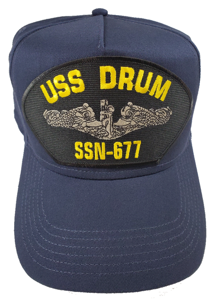 USS DRUM SSN-677 Ship Hat - Silver Dolphins - Navy Blue - Veteran Owned Business - HATNPATCH