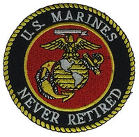 U.S. MARINES NEVER RETIRED with EAGLE, GLOBE AND ANCHOR Round Patch - Vivid Colors - Veteran Owned Business. - HATNPATCH