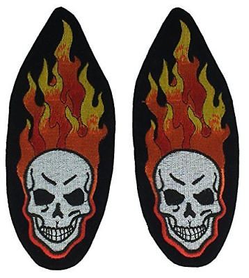 SMALL SKULL AND FLAMES PATCHES SET PAIR OF TWO 2 BIKER MC MOTORCYCLE VEST CUT - HATNPATCH