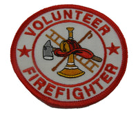 VOLUNTEER FIREFIGHTER with Firefighter Logo 3" Round Patch - Red Letters and Trim on White Background - Veteran Owned Business. - HATNPATCH