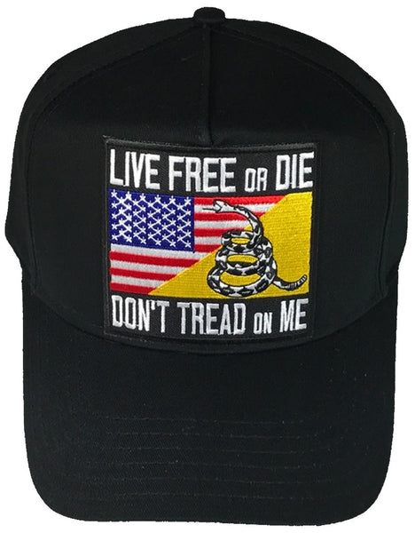 LIVE FREE OR DIE WITH GADSDEN AND AMERICAN FLAGS HAT - HATNPATCH