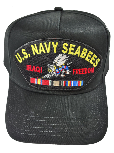 U.S. Navy Seabees Operation Iraqi Freedom HAT with BEE and Service Ribbons - Black - Veteran Family-Owned Business - HATNPATCH