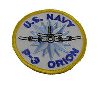 U S NAVY P-3 ORION Round Patch - Royal Blue Letters Grey P-3 Trimmed in Black Light Blue and White Jet Burst on White Background with Yellow Trim - Veteran Owned Business. - HATNPATCH