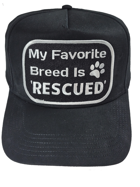 My Favorite (Dog) Breed is Rescued Patch with PAW Print HAT - Gray Stitching on Black. - Black HAT - Veteran Family-Owned Business - HATNPATCH