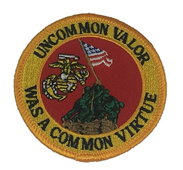 MARINE CORPS "UNCOMMON VALOR WAS A COMMON VIRTUE" with EAGLE, GLOBE AND ANCHOR / IWO JIMA MONUMENT Round Patch - Vivid Colors - Veteran Owned Business. - HATNPATCH