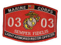 Marine Corps MOS 0303 Light-Armored Recon LAR Officer Patch - HATNPATCH