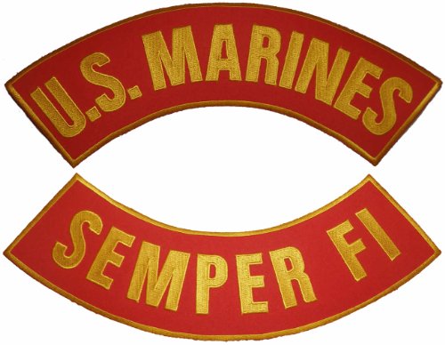 Patch Set - U.S. Marines (Scarlet and Gold) (Top U. S. Marines) - (Bottom Semper Fi) Rocker Back Patch Set. Measures: 11 X 3 Inches Large - HATNPATCH